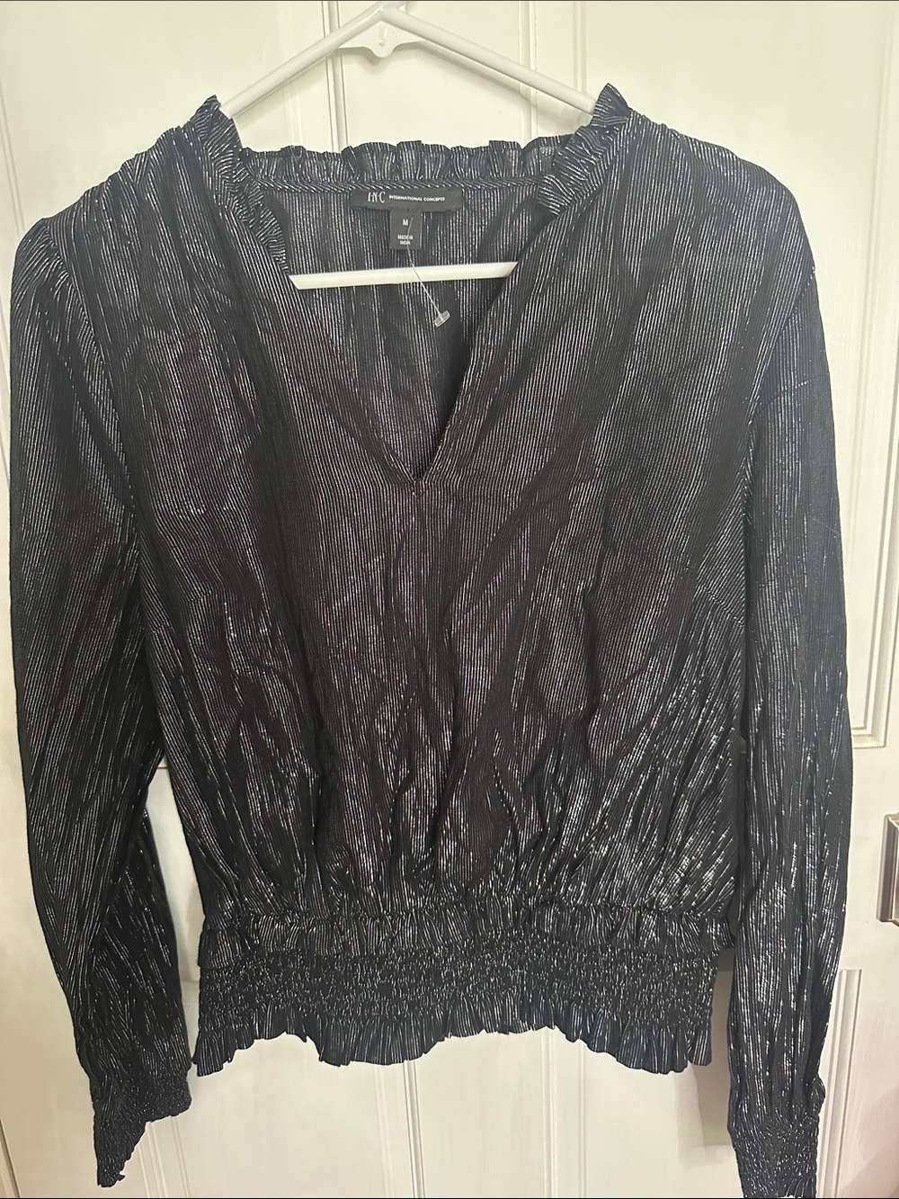 INC International Concepts Black Metallic-Striped V-Neck Blouse M